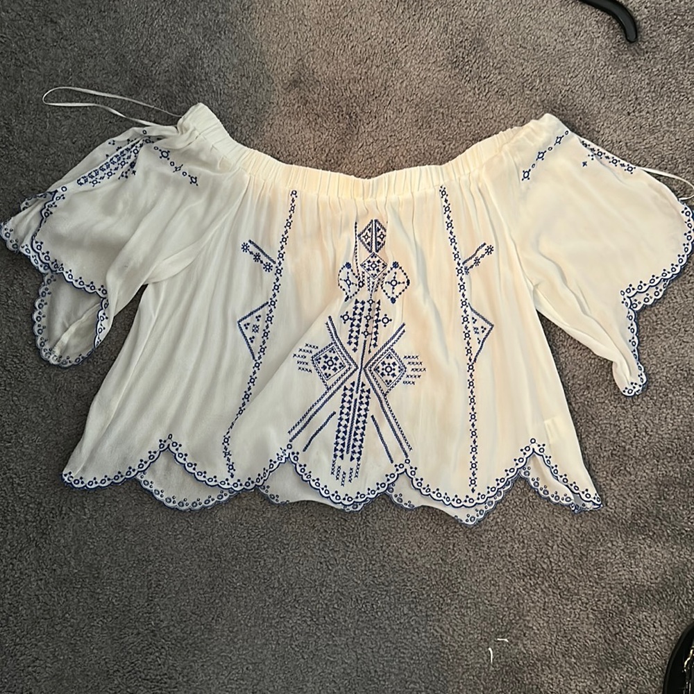 Off the shoulder top with blue accents